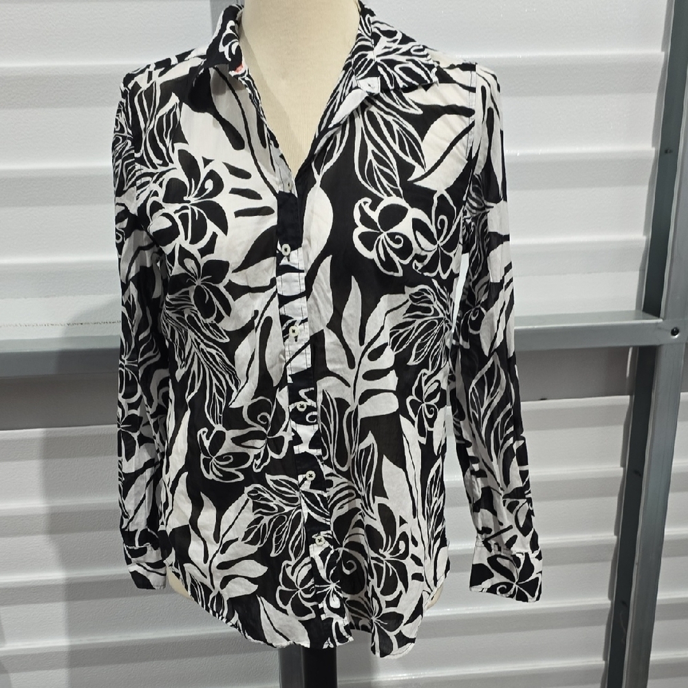 Talbots Black‎ and White Notched Collar Button Down Shirt